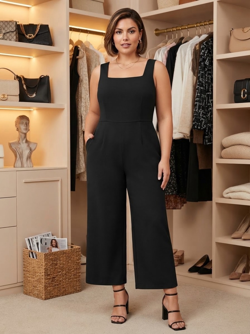 Lane Bryant Black Square-Neck Sleeveless Jumpsuit pockets Stretch Casual 16 plus
